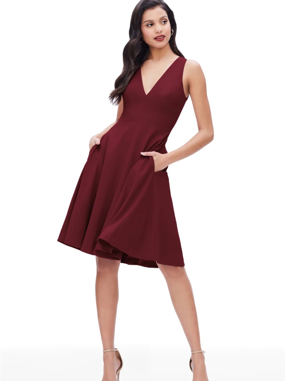 Dress the Population V-Neck A-Line Dress in Burgundy